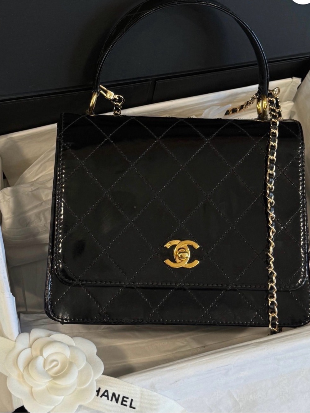 CHANEL Black Quilted Patent Leather Top Handle Satchel with Gold Hardware